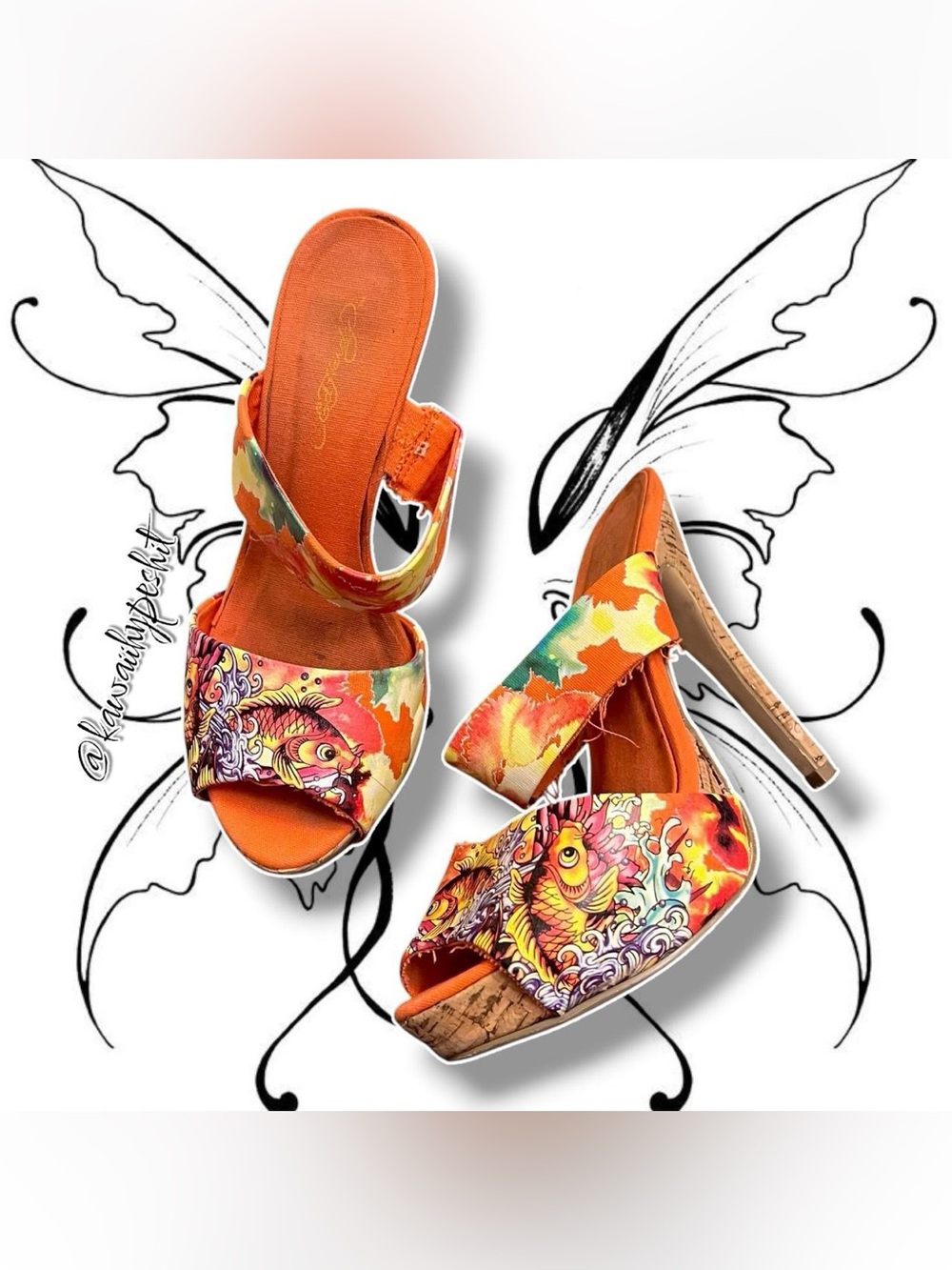 EXTREMELY RARE Vintage Y2K Ed Hardy Koi Fish Open-Toe Platform Stiletto Heels